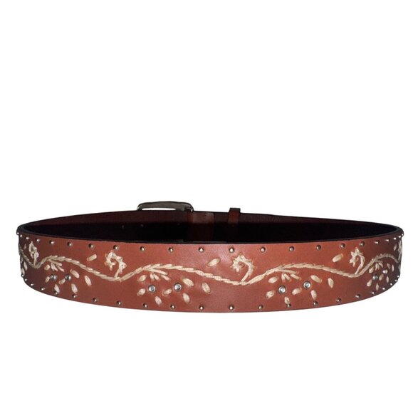 Womens Belt Brown Top-Grain Leather Embroidered Amber Floral Enamel Buckle Boho - Picture 2 of 8